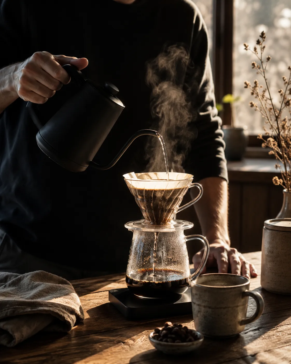 A barista pouring hot water in a slow spiral from a black gooseneck kettle through a pour-over cone, steam rising in morning light