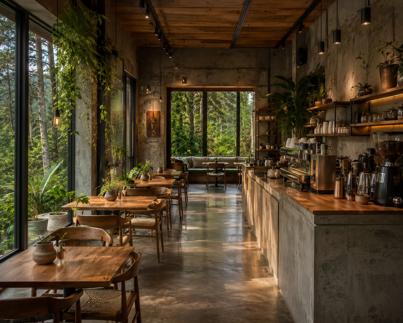 TerraBrew's café — warm timber ceiling, concrete bar with espresso machines, hanging plants and forest views through floor-to-ceiling windows