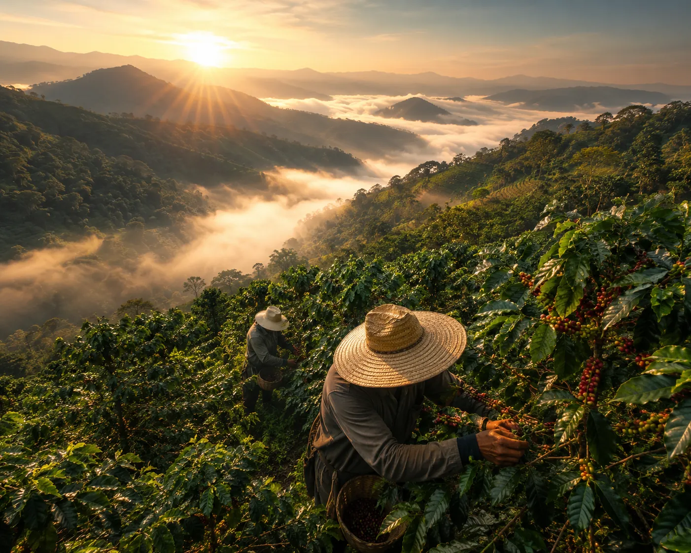 Two farmers in straw hats picking ripe red coffee cherries on a steep hillside above a sunrise sea of clouds