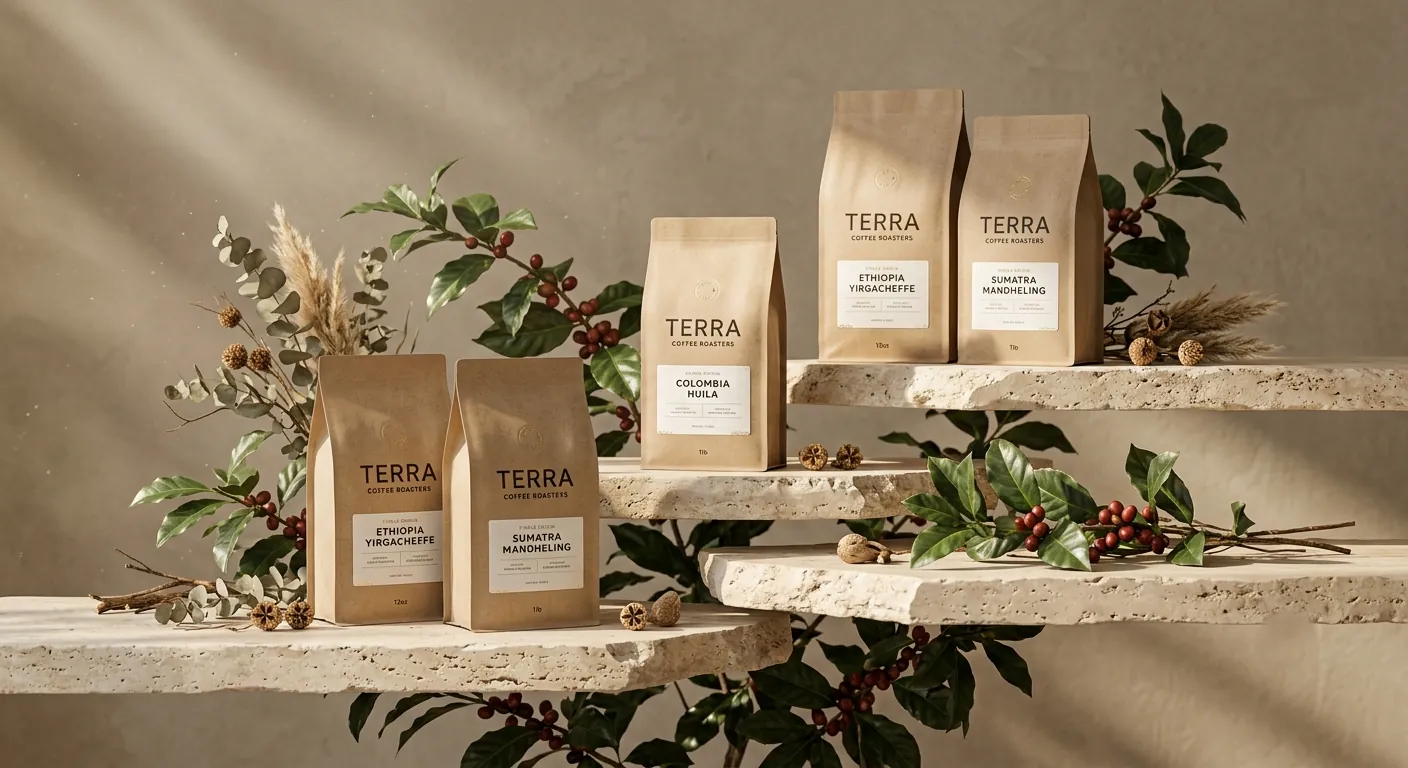 Kraft-paper TerraBrew coffee bags of Ethiopia Yirgacheffe and Sumatra Mandheling styled on stone shelves with coffee branches