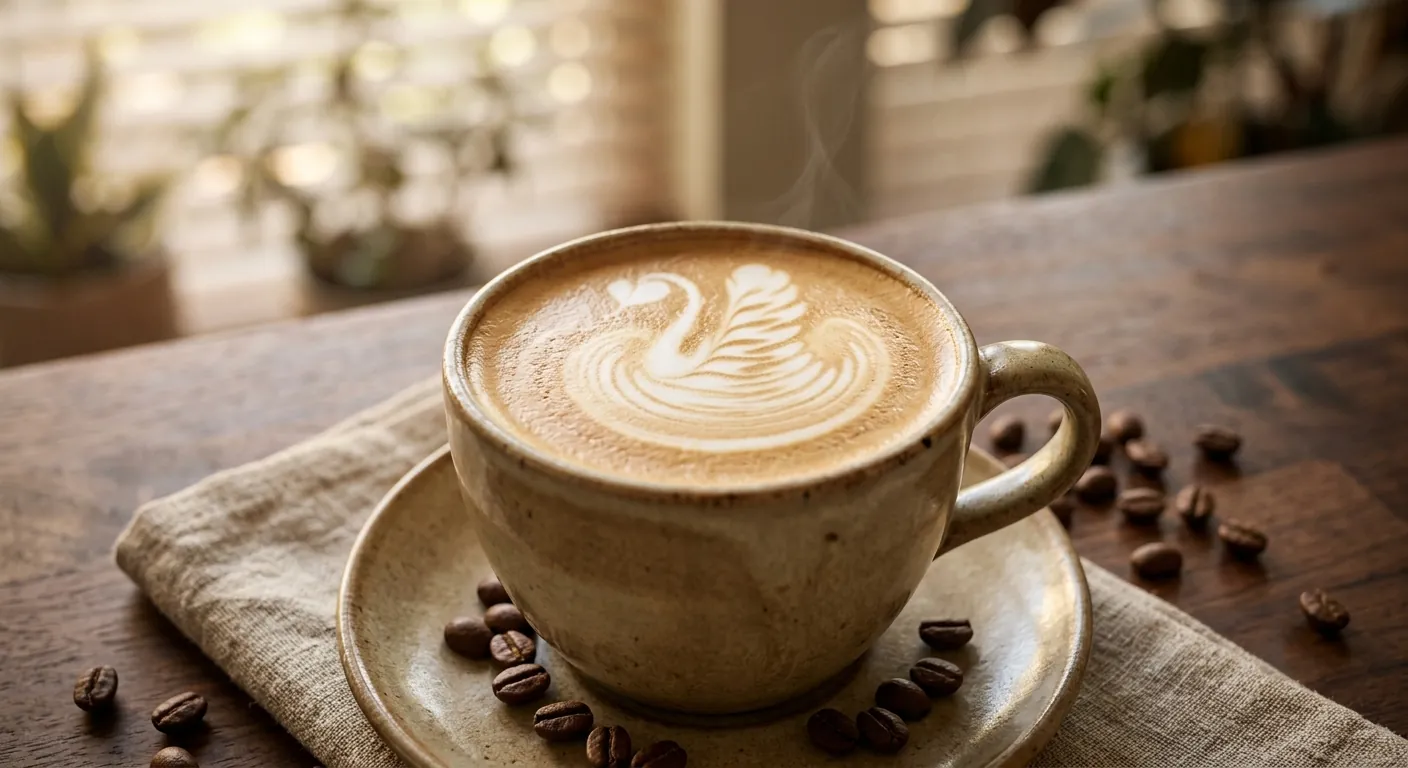 A ceramic cup of TerraBrew's signature flat white with swan latte art, coffee beans scattered on the wooden table around it